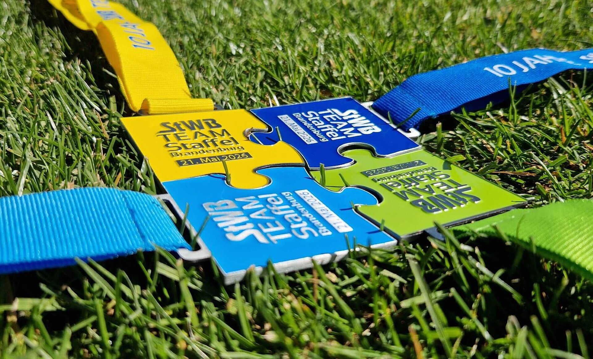 Zusammengepuzzelte Medaille liegt im Gras. Beschreibung der Medaille im Artikeltext.
